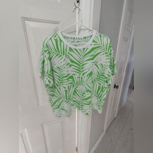 Caribbean Joe White & Lime Green Tropical Leaf Print Women's Top